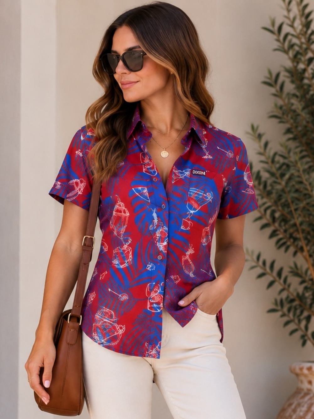 Dixxon 'The Mixer Co.'‎ ladies Red Blue Cocktail Print Button Up Shirt Size S